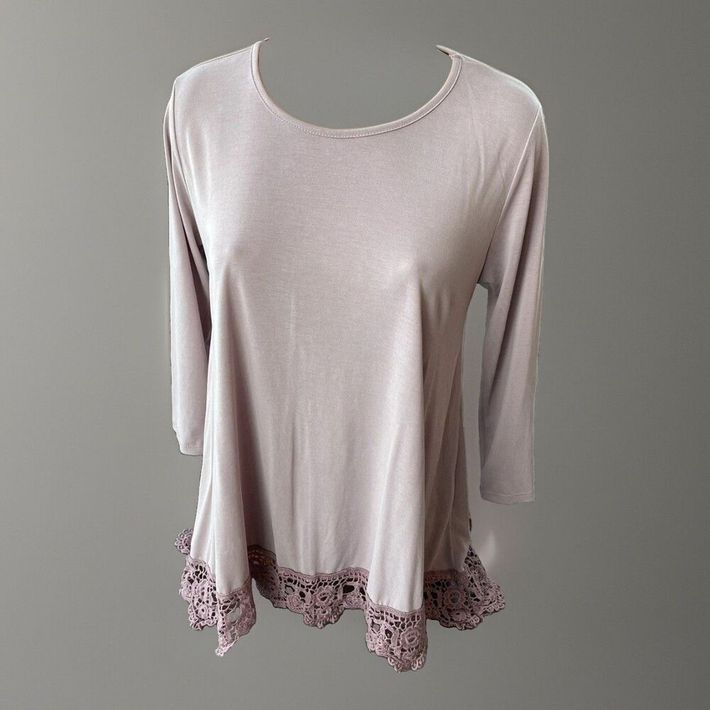 Chris & Carol Pink Mauve Crochet Hem Blouse Size S Slinky Soft Top Shirt